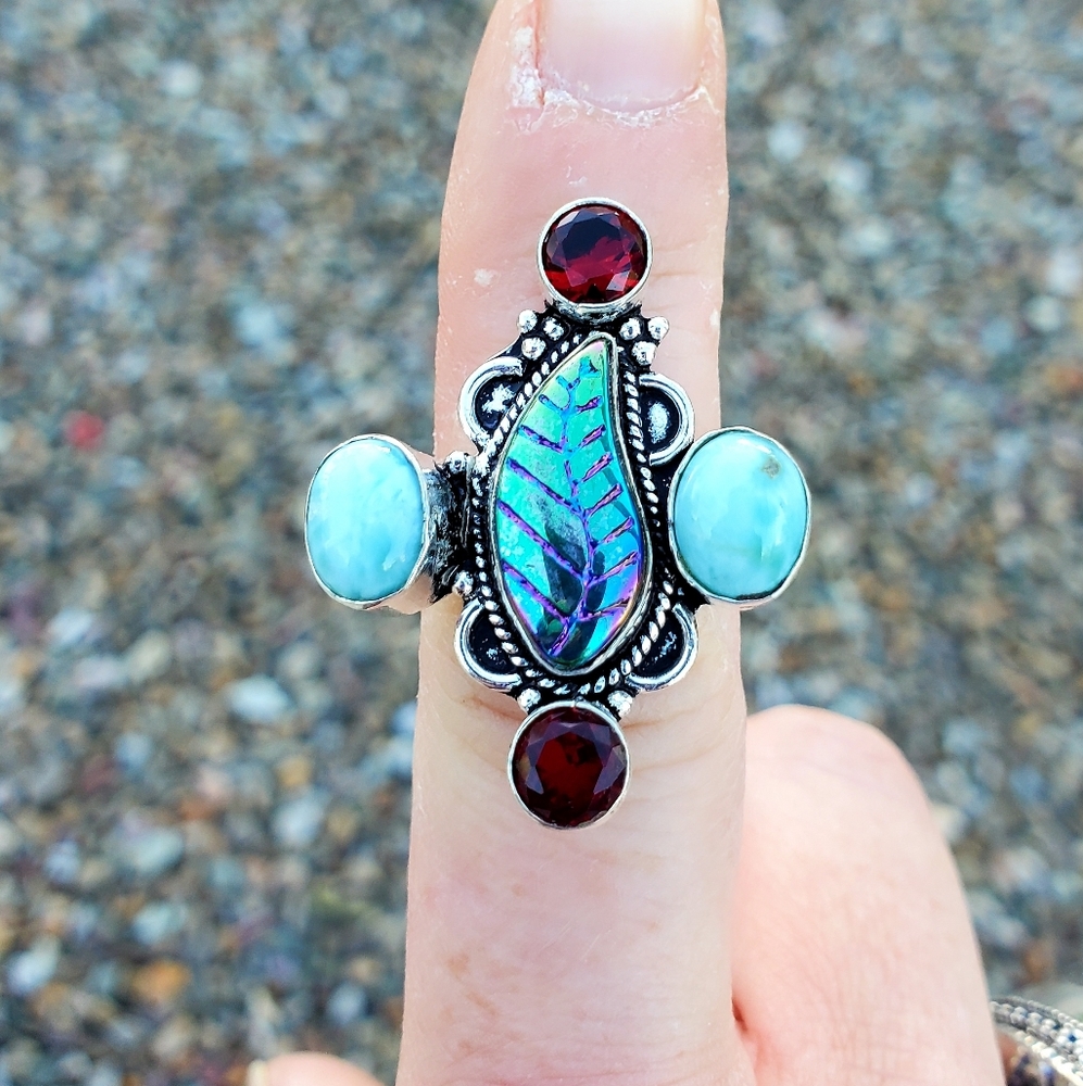 New Carved Rainbow Hematite, Garnet, Larimar 925 Silver Ring.